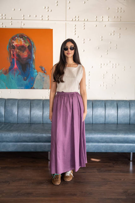 Beige blouse and purple skirt set in linen fabric