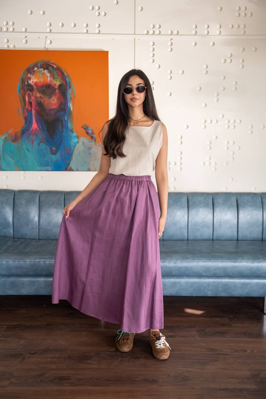 Beige blouse and purple skirt set in linen fabric