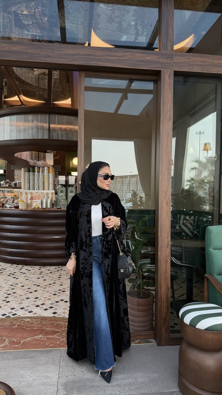 Black Velvet Abaya with Chiffon Floral Details –2080
