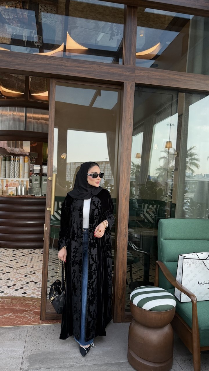 Black Velvet Abaya with Chiffon Floral Details –2080