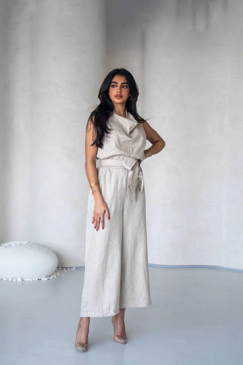 Linen jumpsuit in beige color C:196 Light Beige