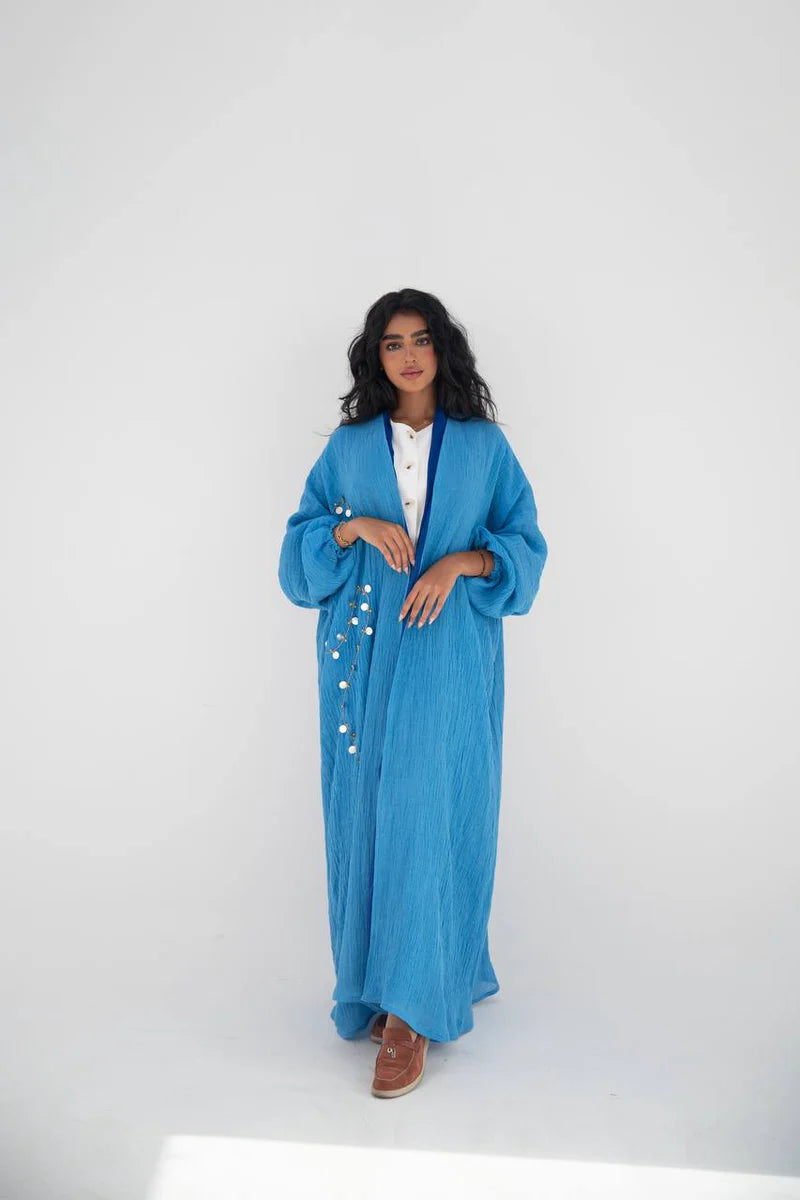Blue linen abaya with hand embroidery C:6647 (Free size)