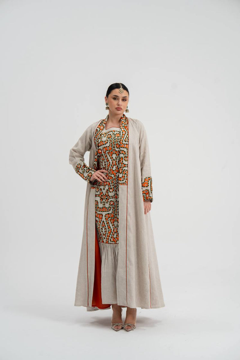 Linen abaya in light beige with embroidery. C:6743