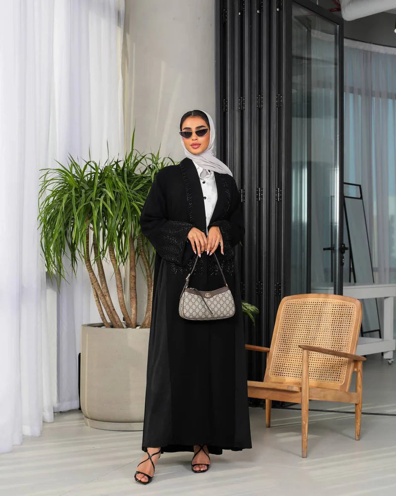 Crepe fabric abaya with hand doubt C:6493 Black