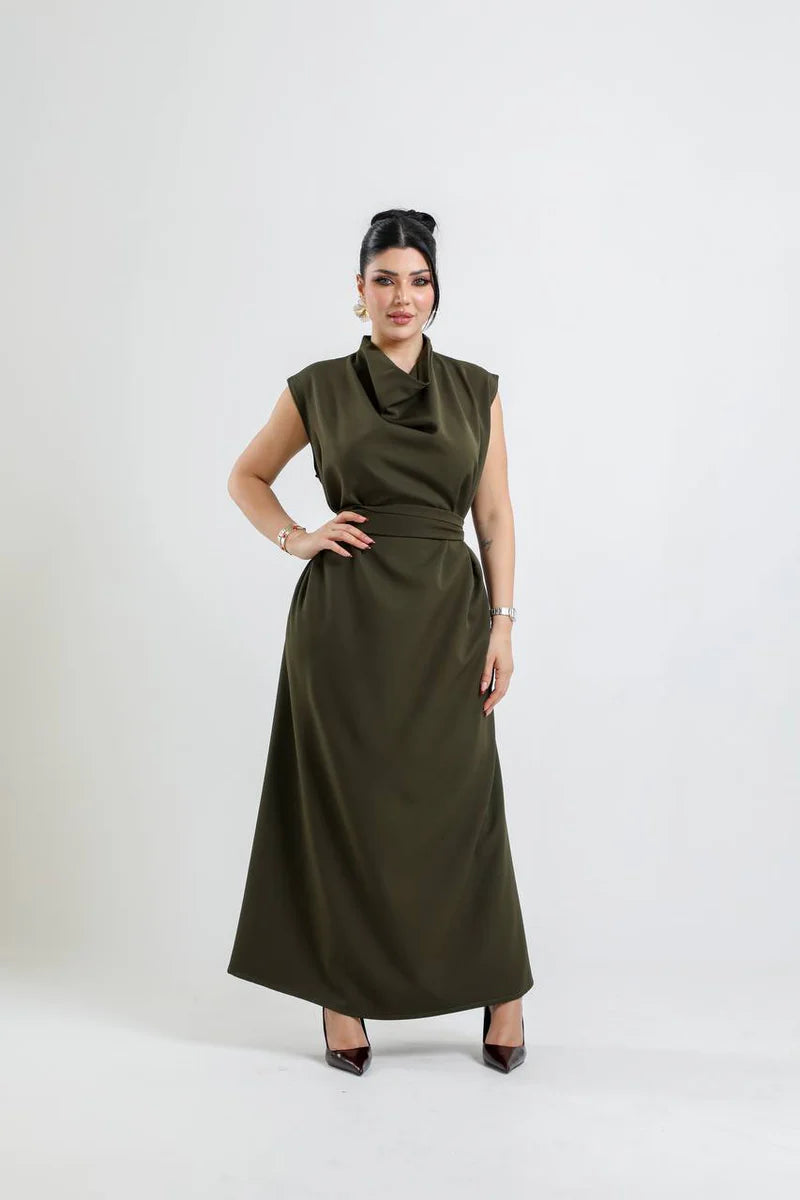 crepe dress in olive green. C:198 Green