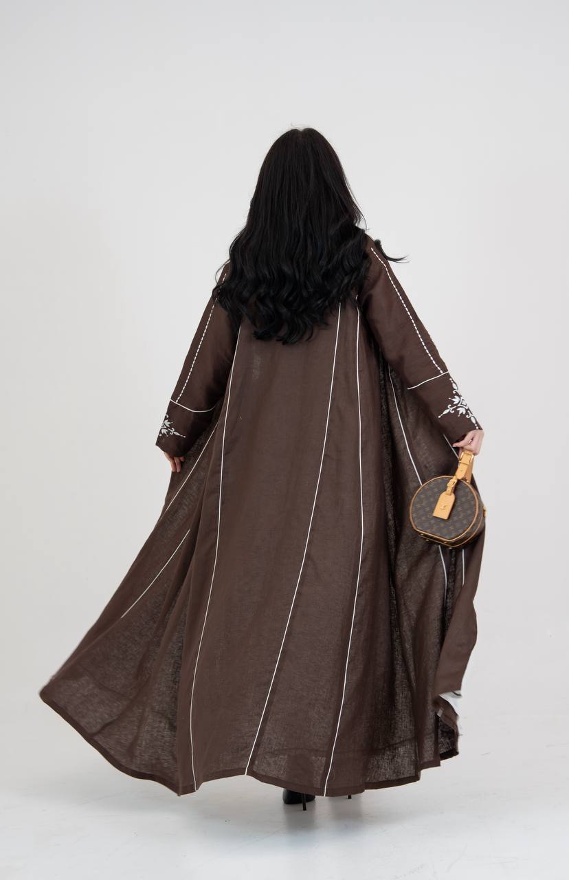 Linen abaya in brown with embroidery