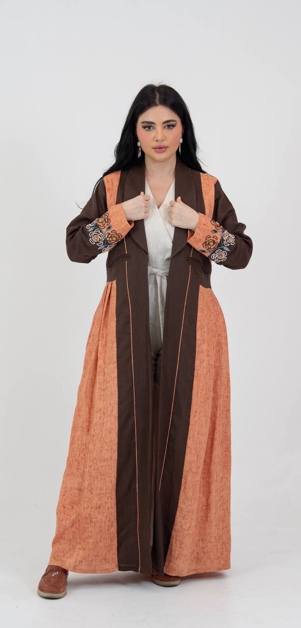 Linen abaya in brown and orange with hand-beading