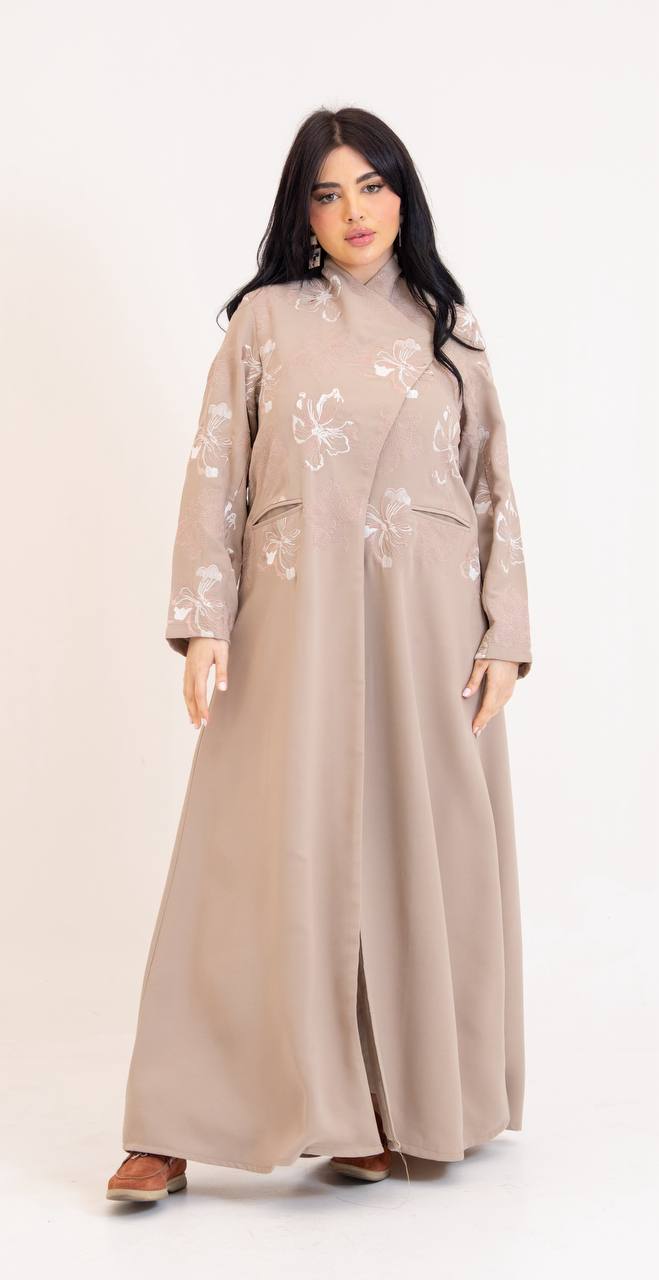 Beige crepe abaya with embroidery