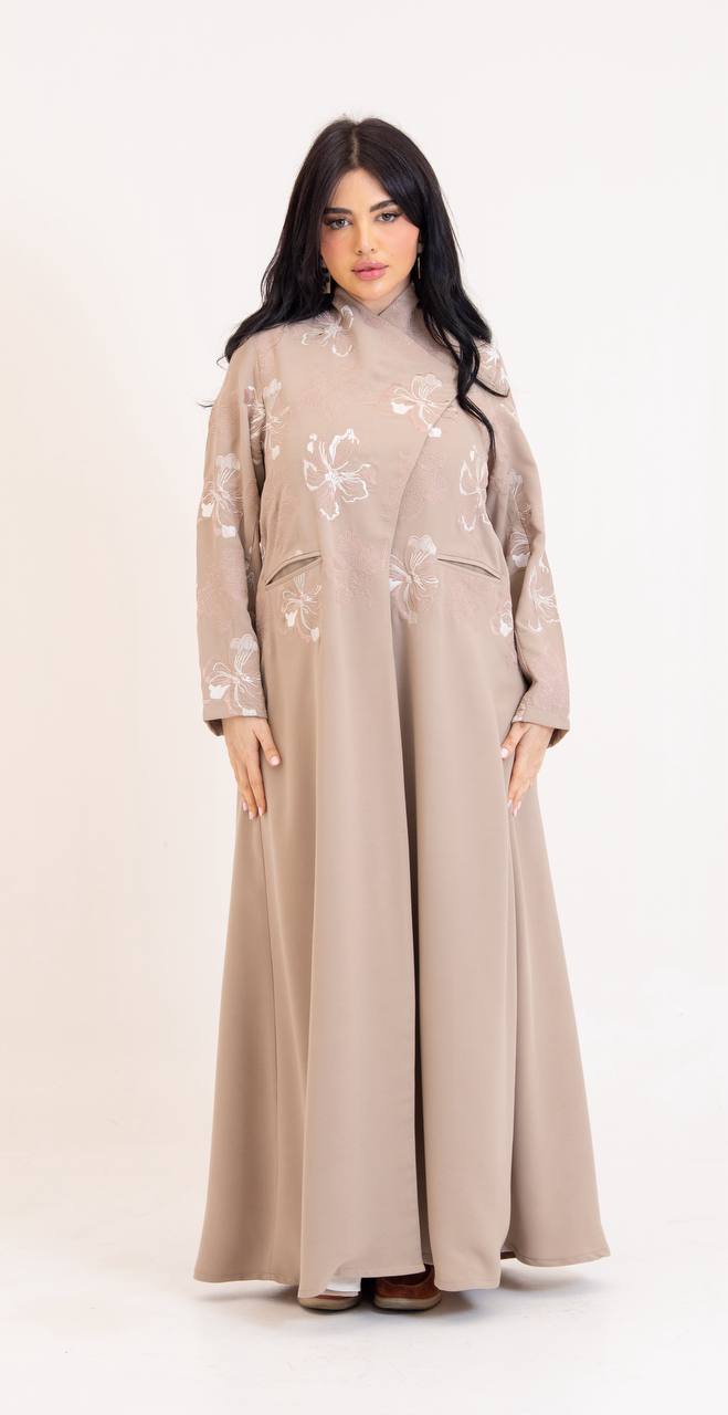 Beige crepe abaya with embroidery