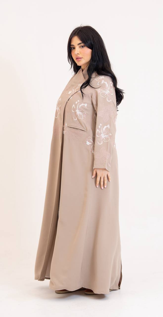 Beige crepe abaya with embroidery
