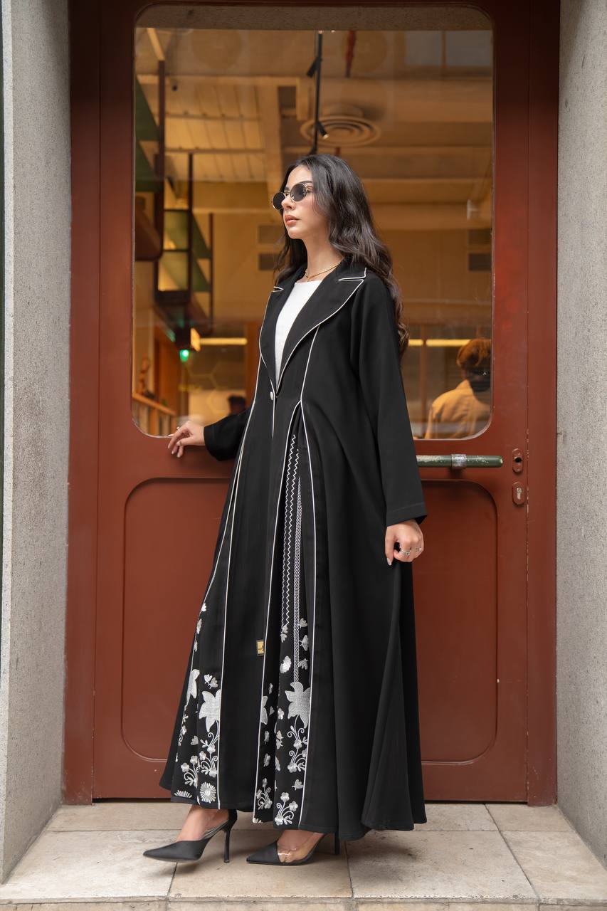 Black crepe abaya with white embroidery