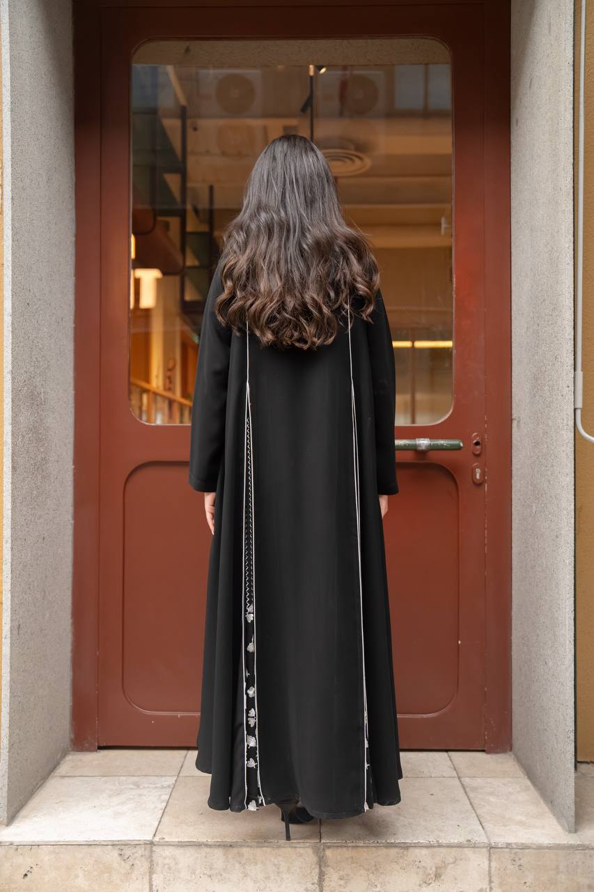 Black crepe abaya with white embroidery
