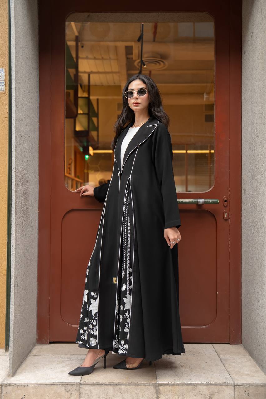 Black crepe abaya with white embroidery