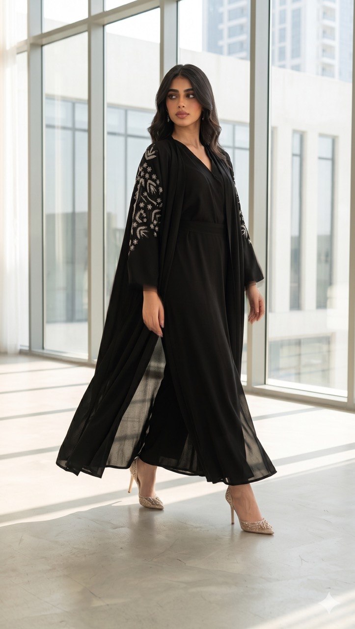 Black crepe abaya with silver hand-beaded details.