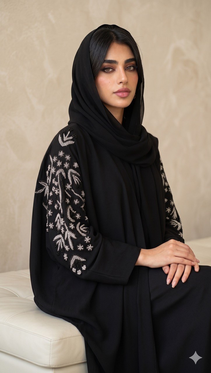 Black crepe abaya with silver hand-beaded details.