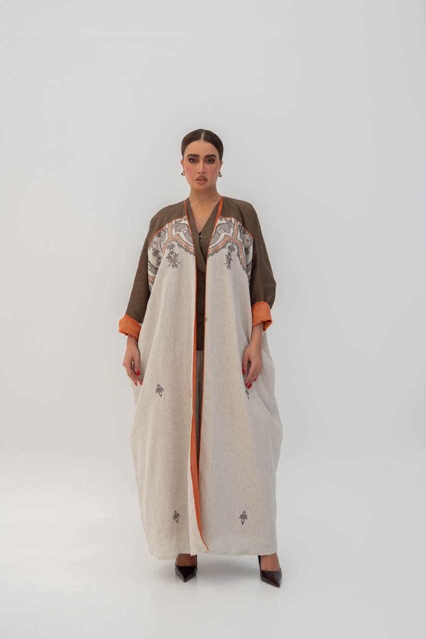 Beige linen abaya with embroidery (1714)
