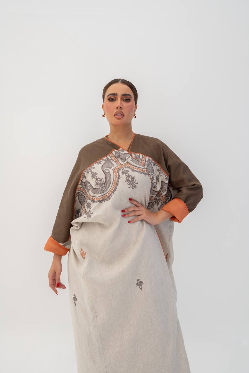 Beige linen abaya with embroidery (1714)