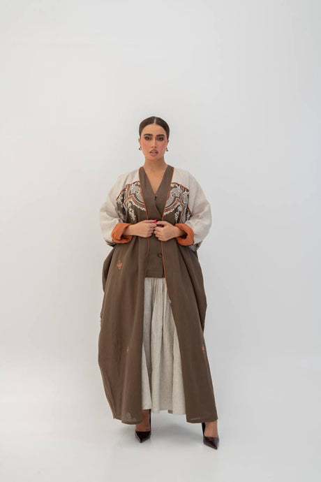 Brown linen abaya with embroidery (1716)