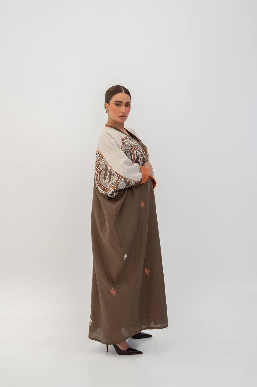 Brown linen abaya with embroidery (1716)