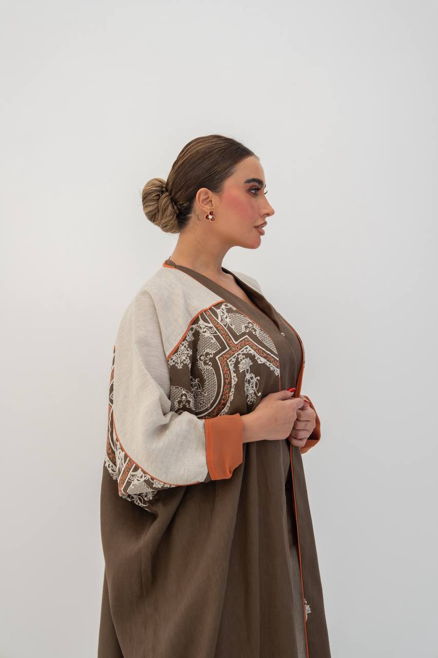 Brown linen abaya with embroidery (1716)