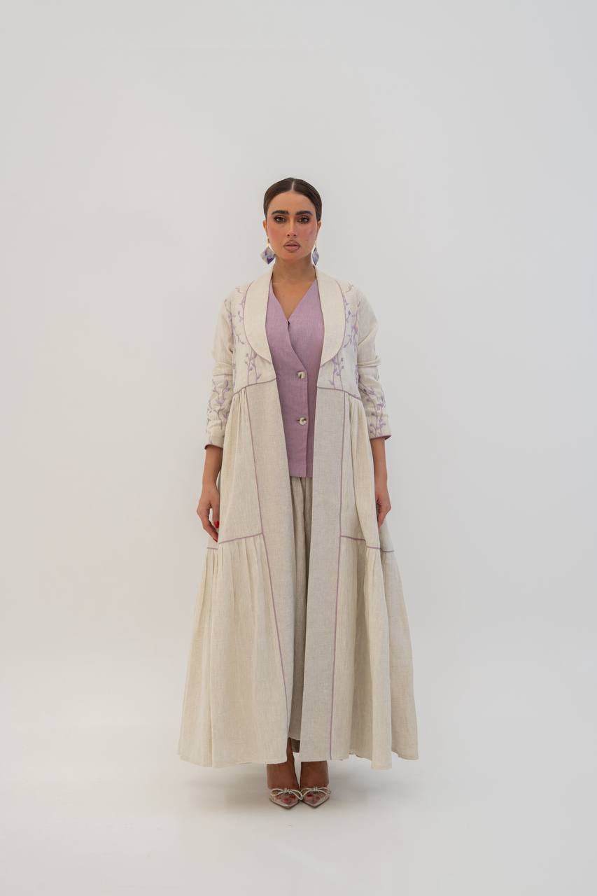 Beige linen abaya with embroidery (1712)