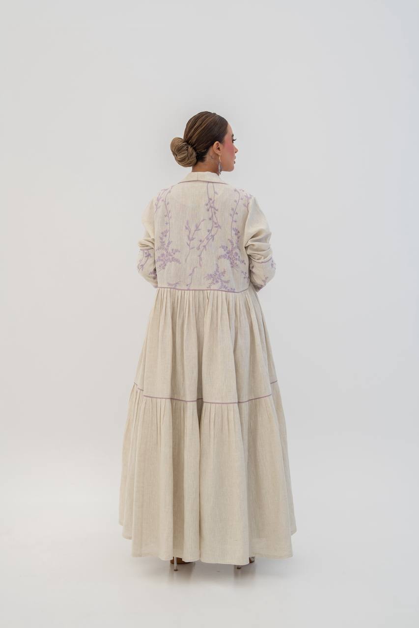 Beige linen abaya with embroidery (1712)