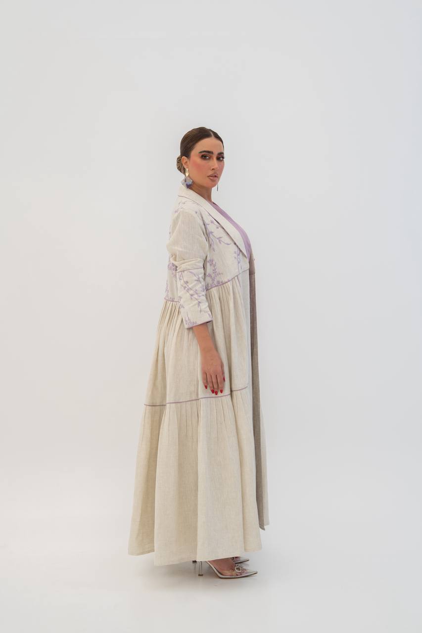 Beige linen abaya with embroidery (1712)