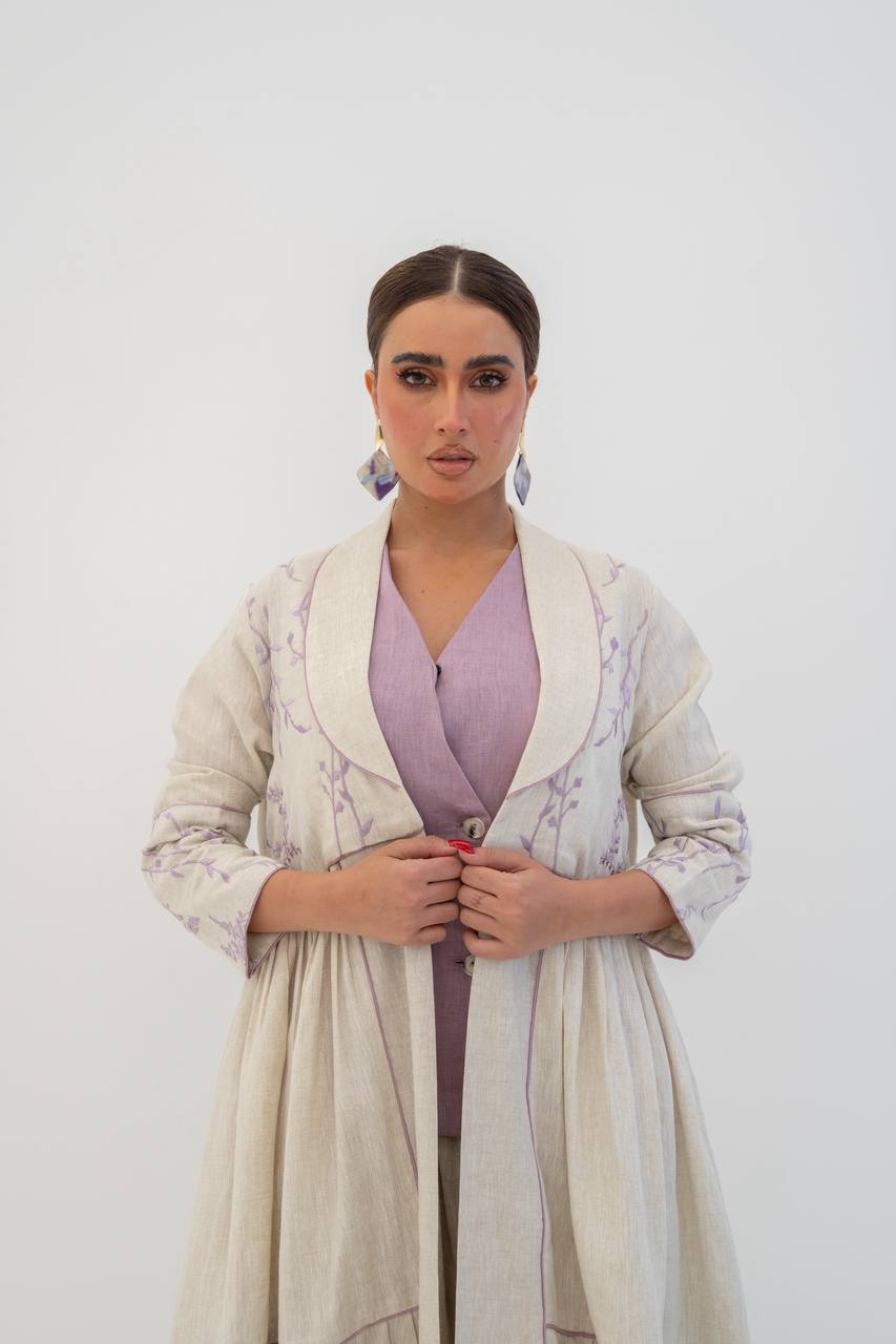 Beige linen abaya with embroidery (1712)