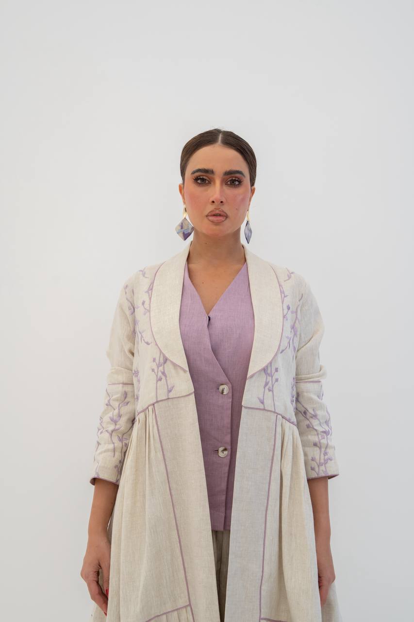 Beige linen abaya with embroidery (1712)