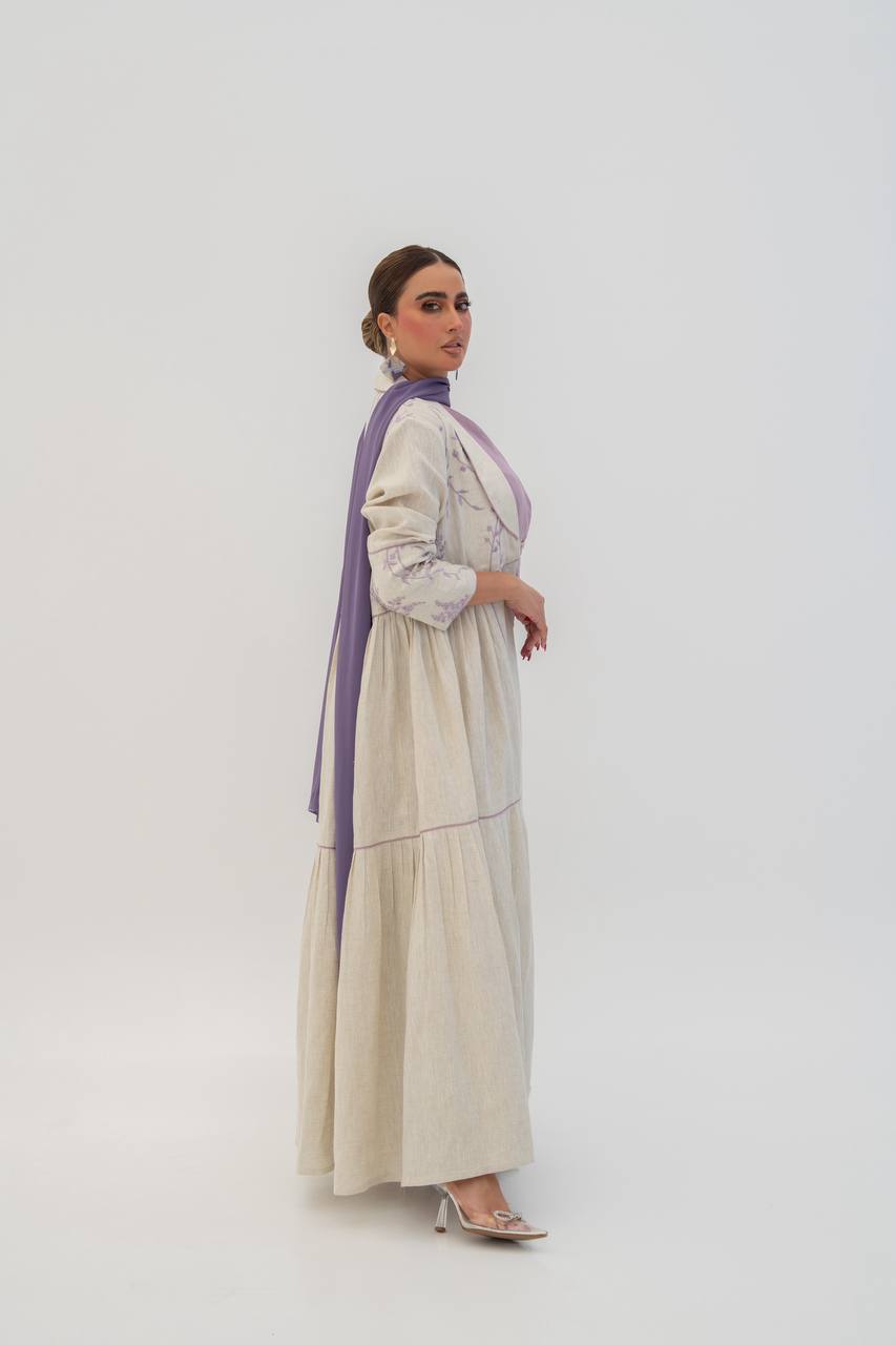 Beige linen abaya with embroidery (1712)