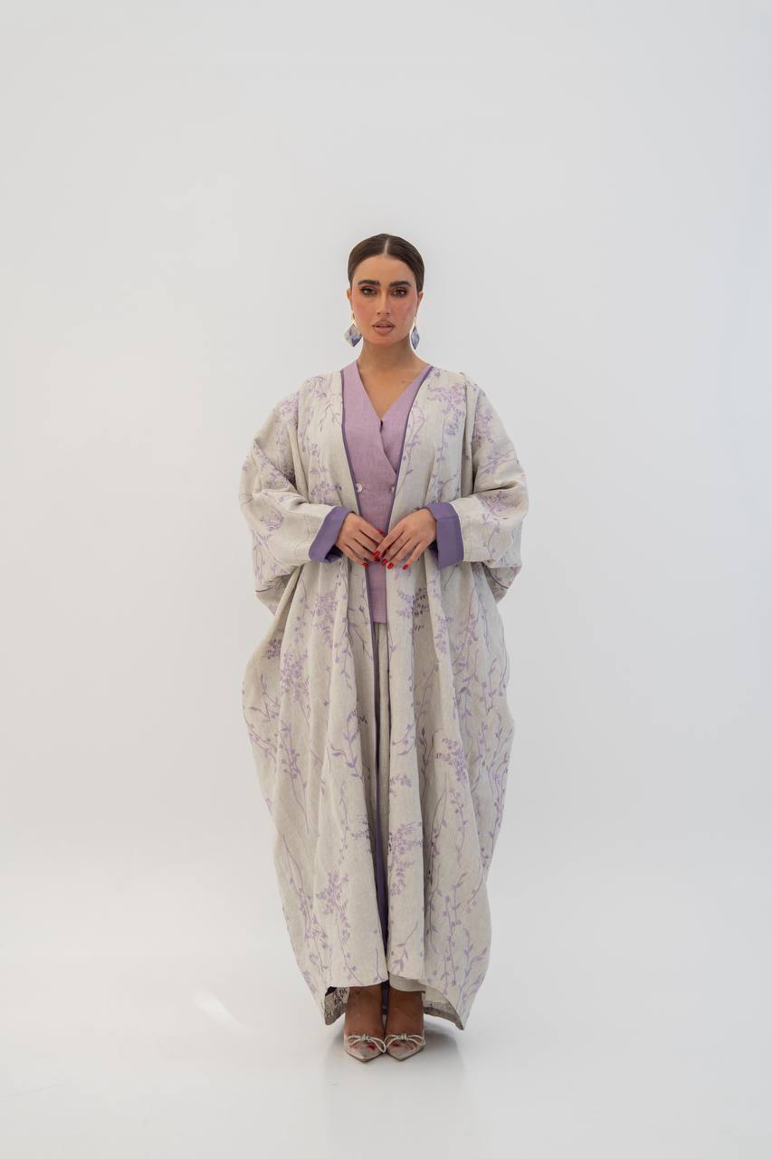 Beige linen abaya with embroidery (1717)