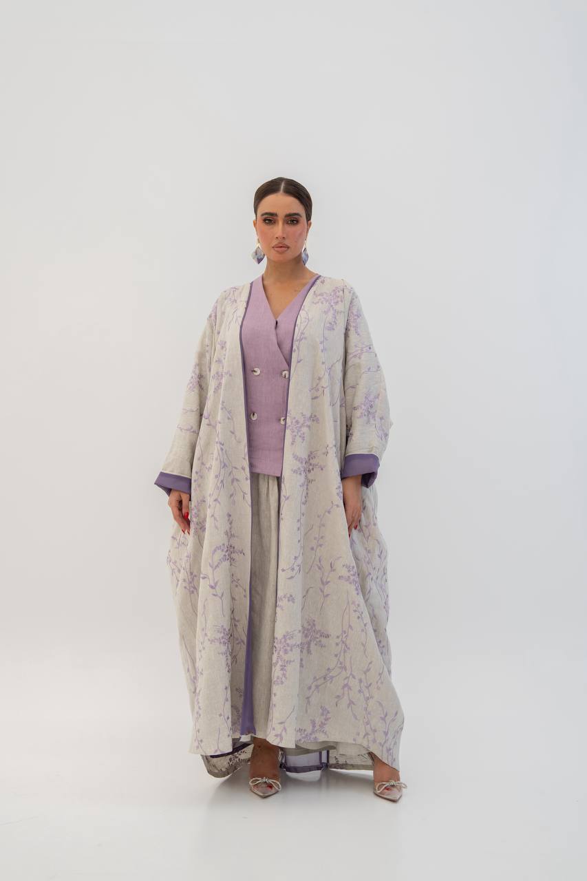 Beige linen abaya with embroidery (1717)
