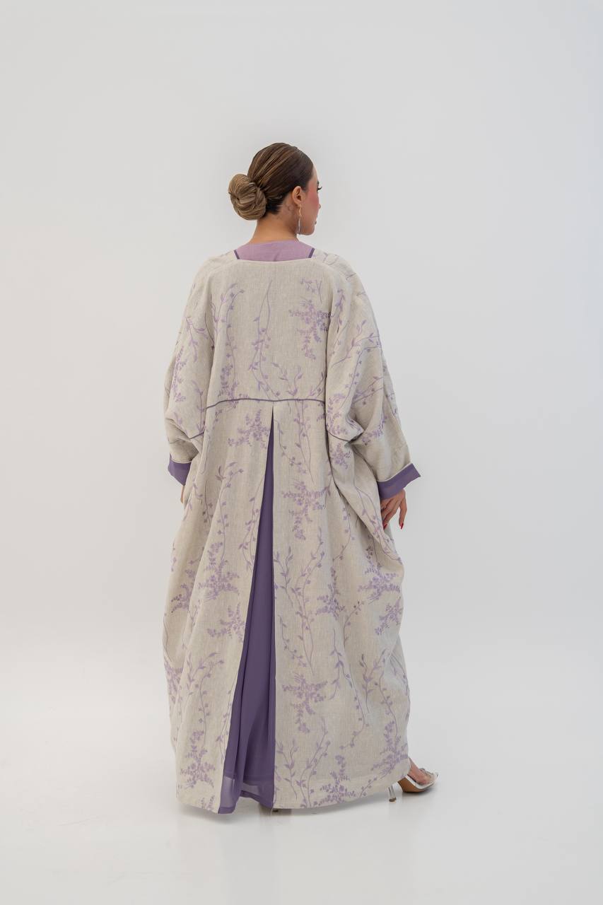 Beige linen abaya with embroidery (1717)