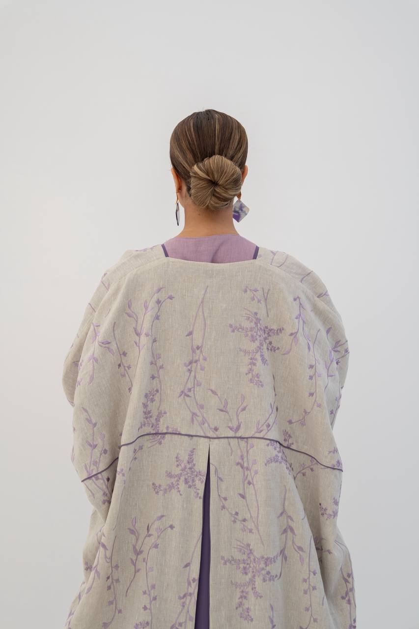 Beige linen abaya with embroidery (1717)