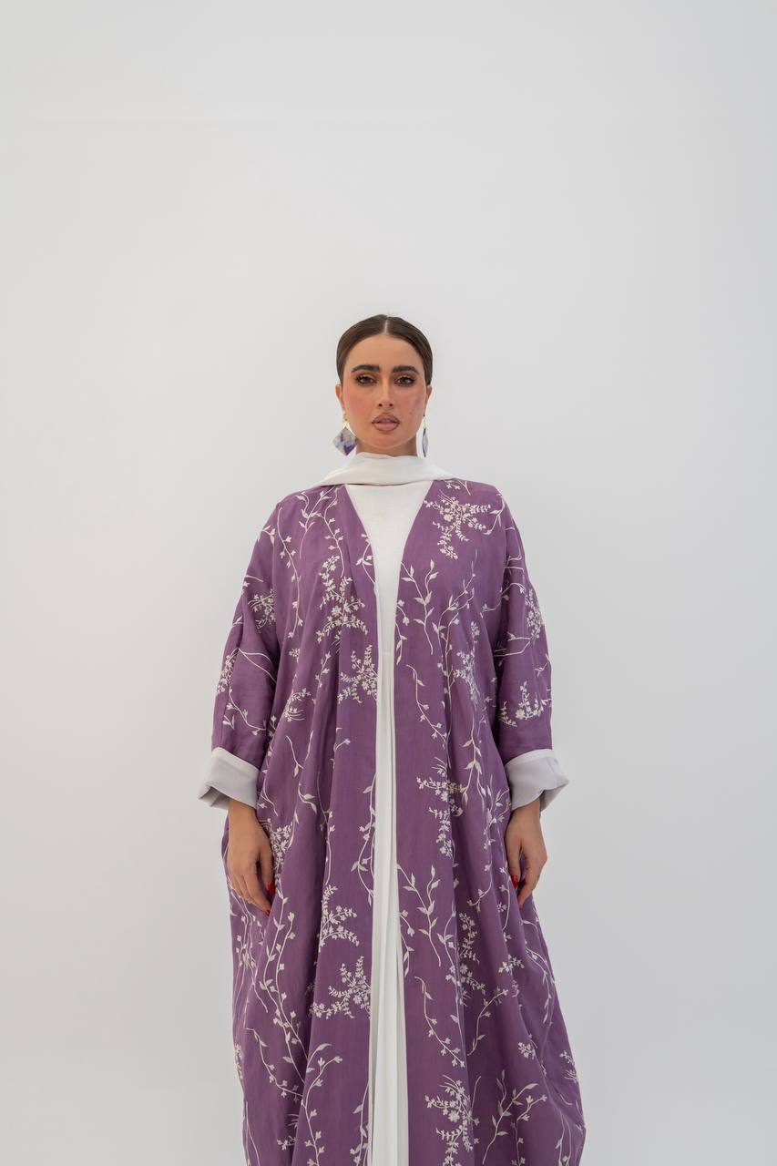 Linen abaya in purple with embroidery (1718)