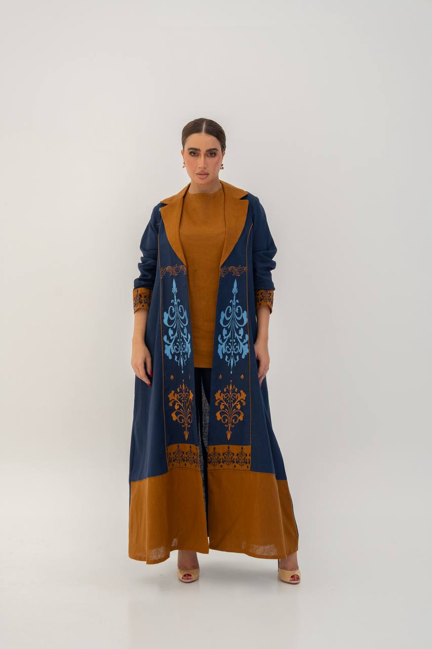 Linen abaya in navy blue with embroidery (1710)