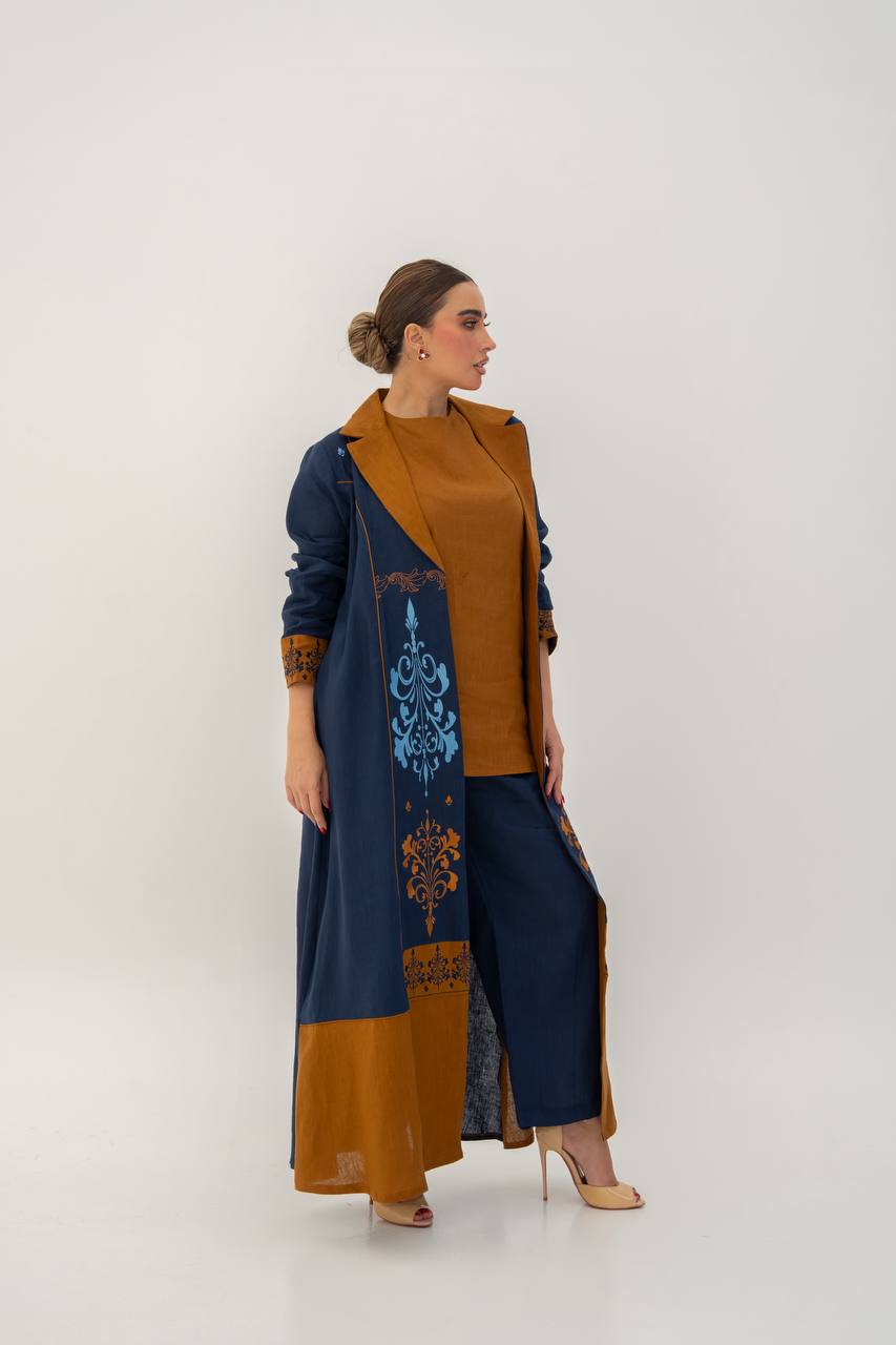 Linen abaya in navy blue with embroidery (1710)