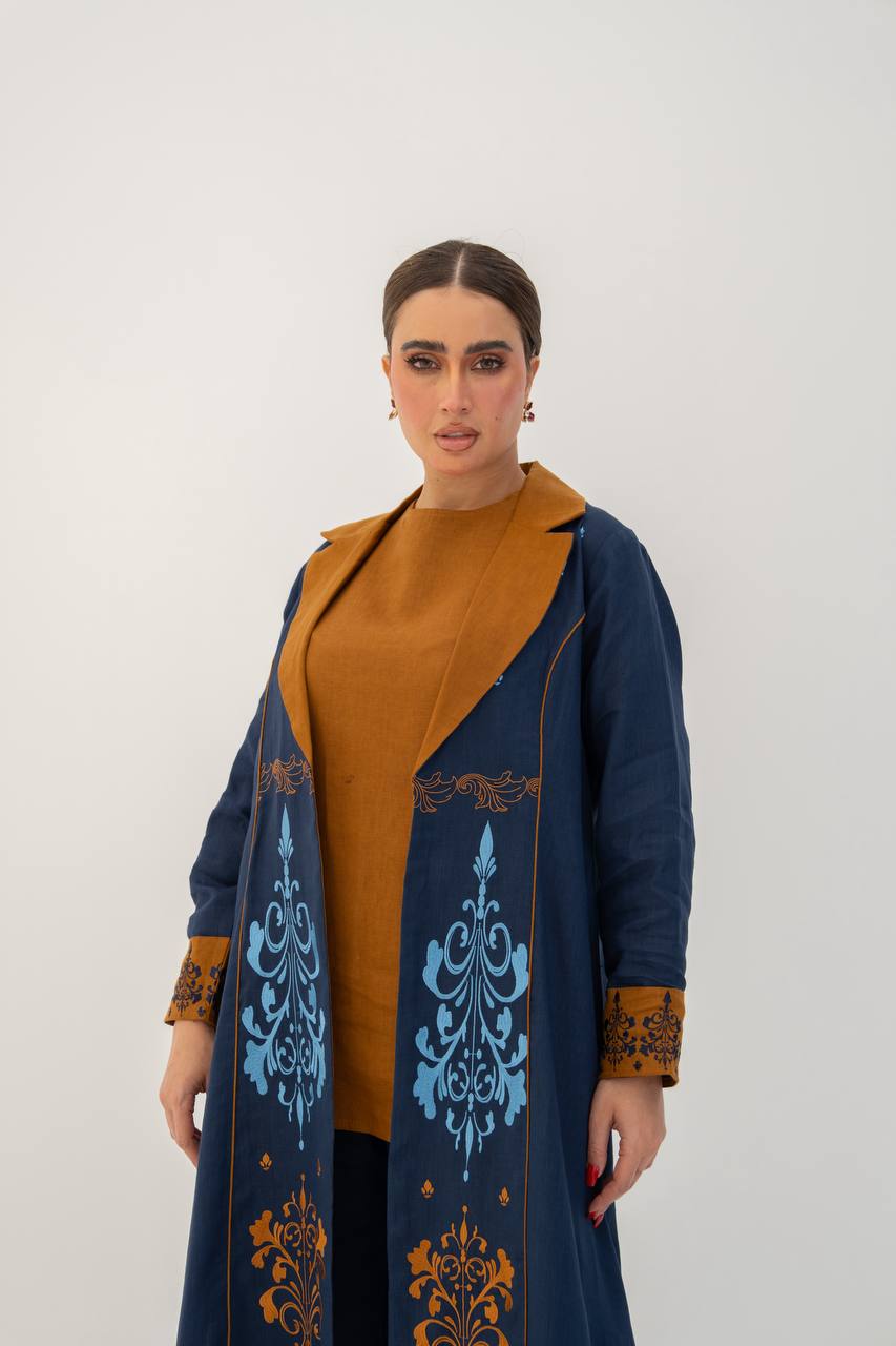 Linen abaya in navy blue with embroidery (1710)
