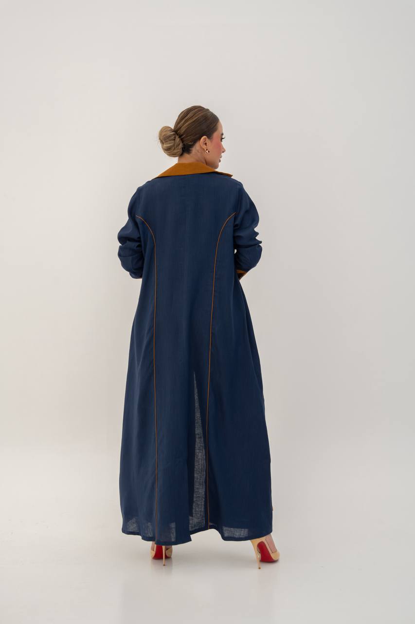Linen abaya in navy blue with embroidery (1710)