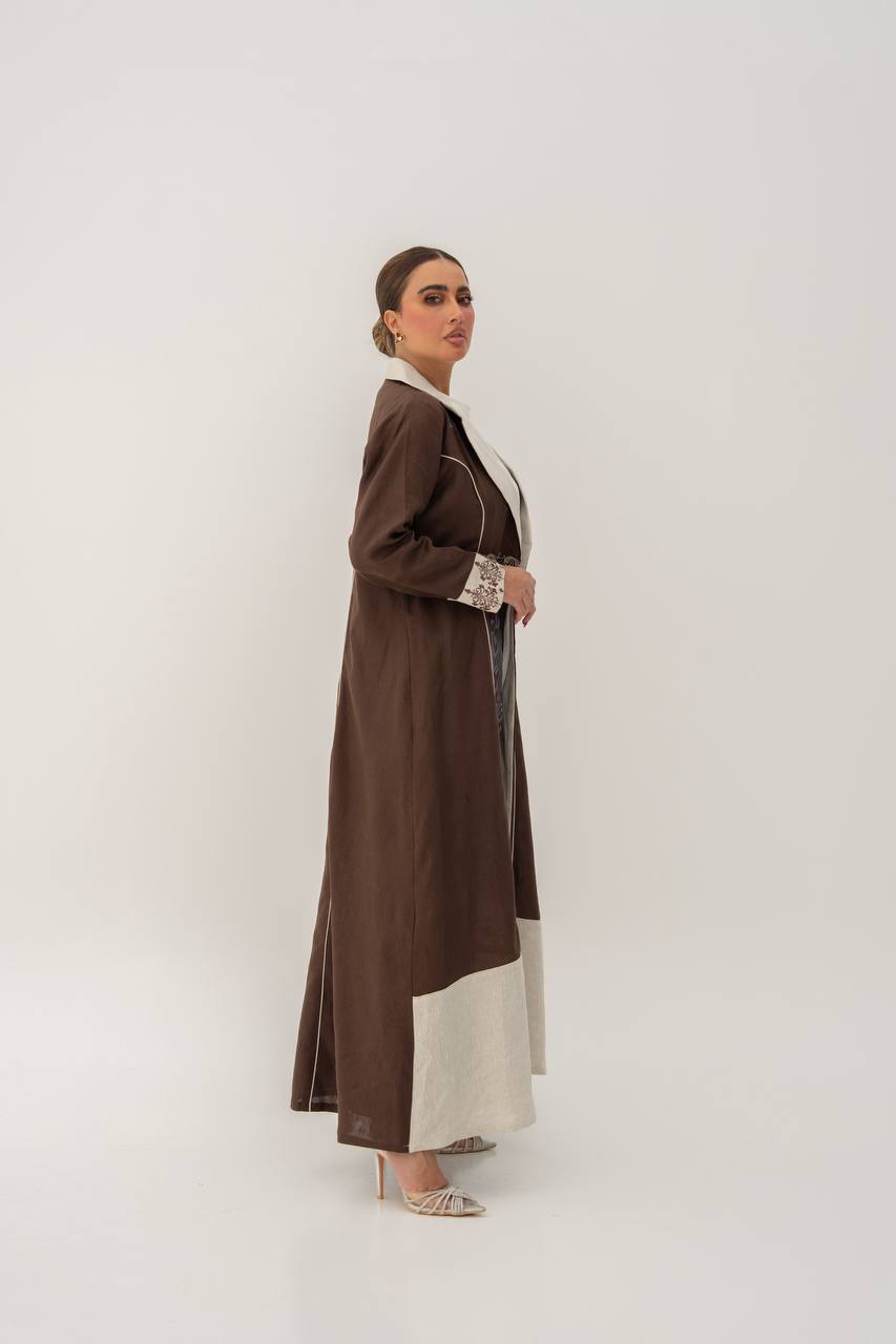 Linen abaya in brown with embroidery (1709)
