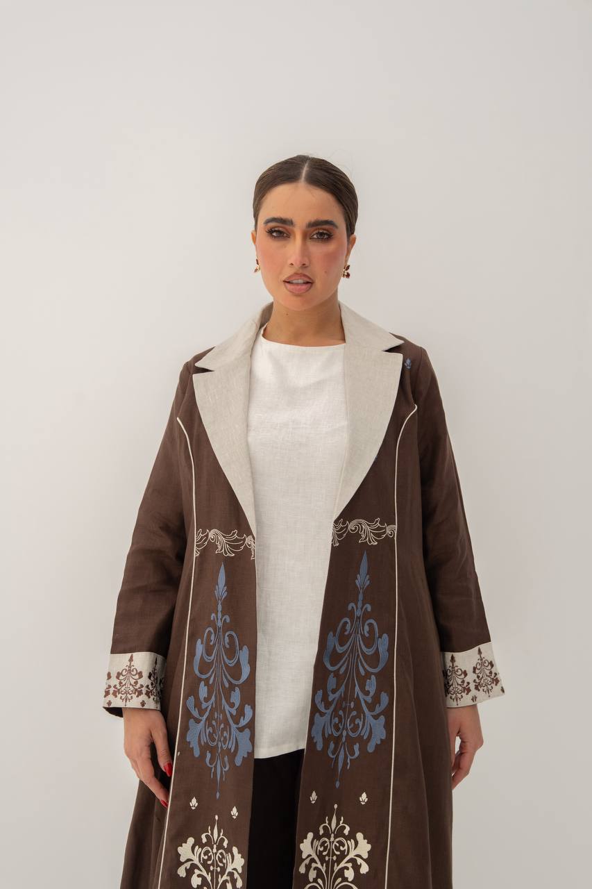 Linen abaya in brown with embroidery (1709)
