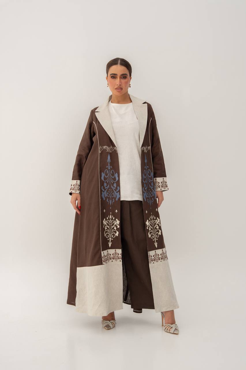 Linen abaya in brown with embroidery (1709)