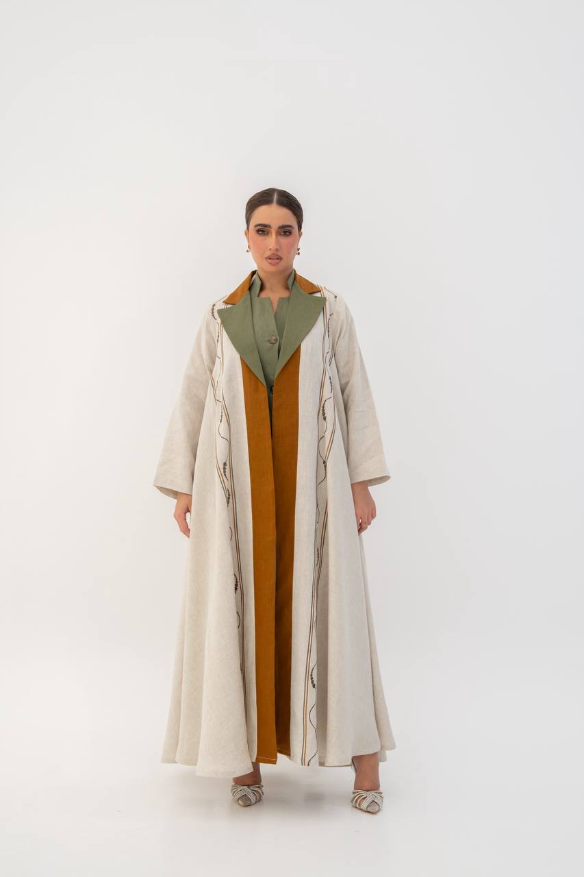 Beige linen abaya with embroidery (1707)