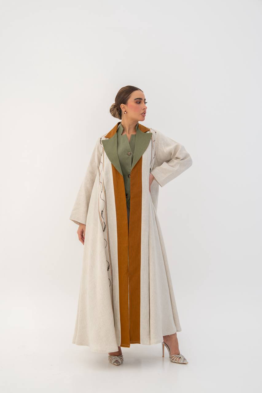 Beige linen abaya with embroidery (1707)