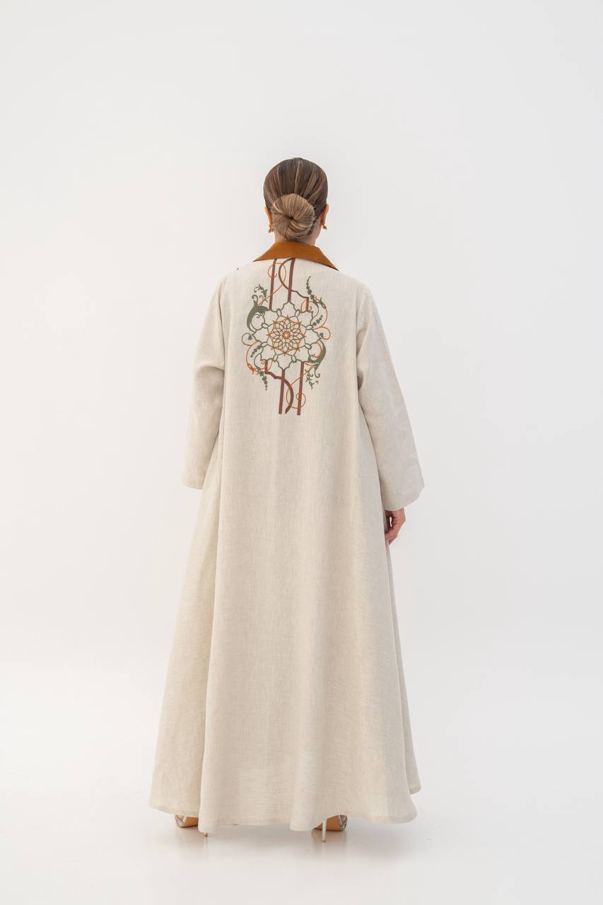 Beige linen abaya with embroidery (1707)
