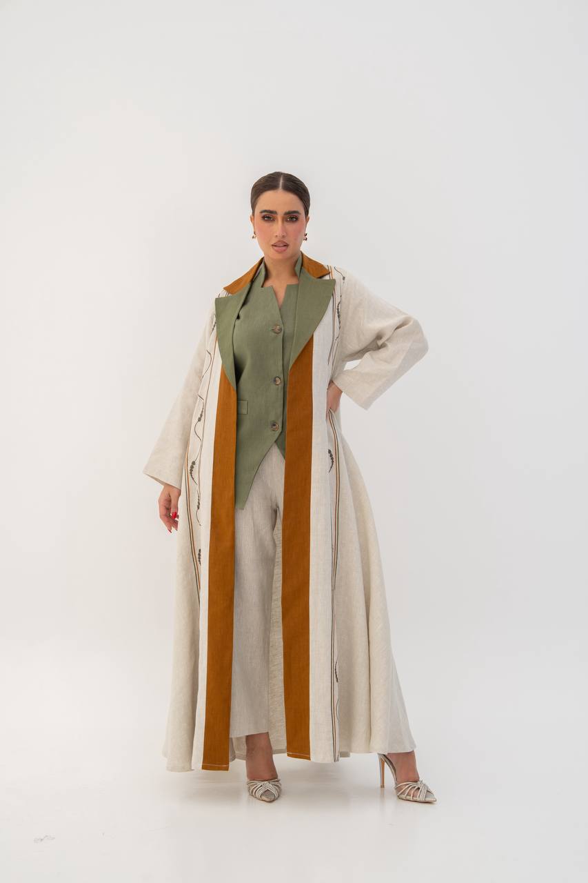 Beige linen abaya with embroidery (1707)