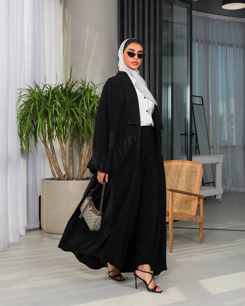 Crepe fabric abaya with hand doubt C:6493 Black