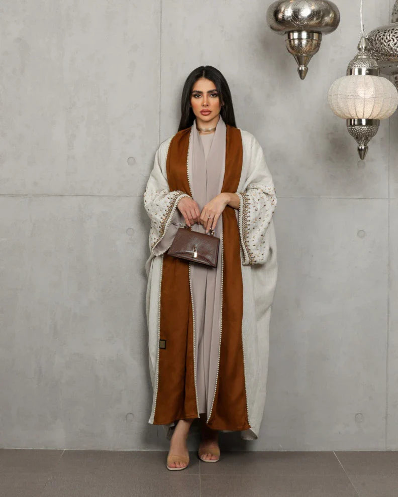 Abaya with beige linen material and camel design with embroidery C: 6453beage