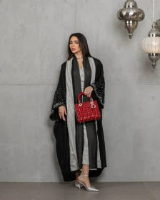 Black linen abaya with hand embroidery C:6453black