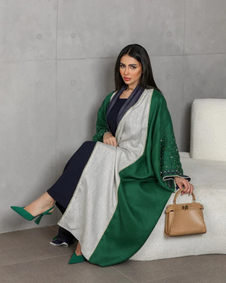 abaya Linen green handmade beads C:6453GREEN